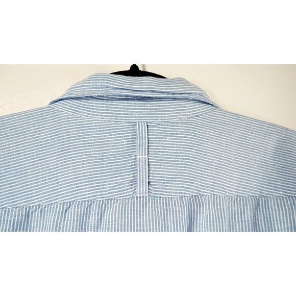 Nautica Baby Blue Linen Blend Shirt Size XL Railroad Stripe Button Down Long Sle - Picture 9 of 14